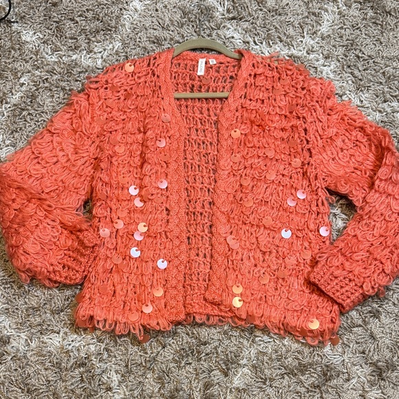 Pilcro Anthropologie Loop Crochet Cardigan with Sequins Coral One Size - Picture 14 of 14